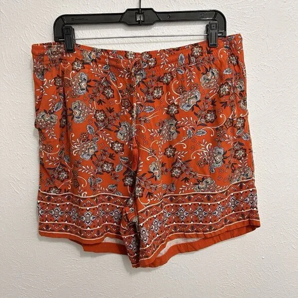 J. JILL Boho Floral Shorts Elastic Drawstring Waist Orange Multicolor Size L - Picture 2 of 9